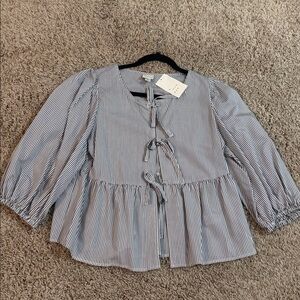 NWT A New Day Women's Balloon 3/4 Sleeve Tie-Front Blouse, White Black Stripe, S